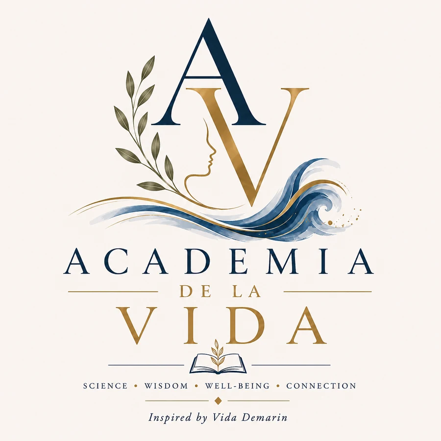 Znak udruge Academia de la Vida: slova A i V, profil lica, maslinova grančica i val